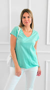 Everyday V-Neck Italian Top- Aqua-110 short Sleeve Top-LY PARIS-Coastal Bloom Boutique, find the trendiest versions of the popular styles and looks Located in Indialantic, FL