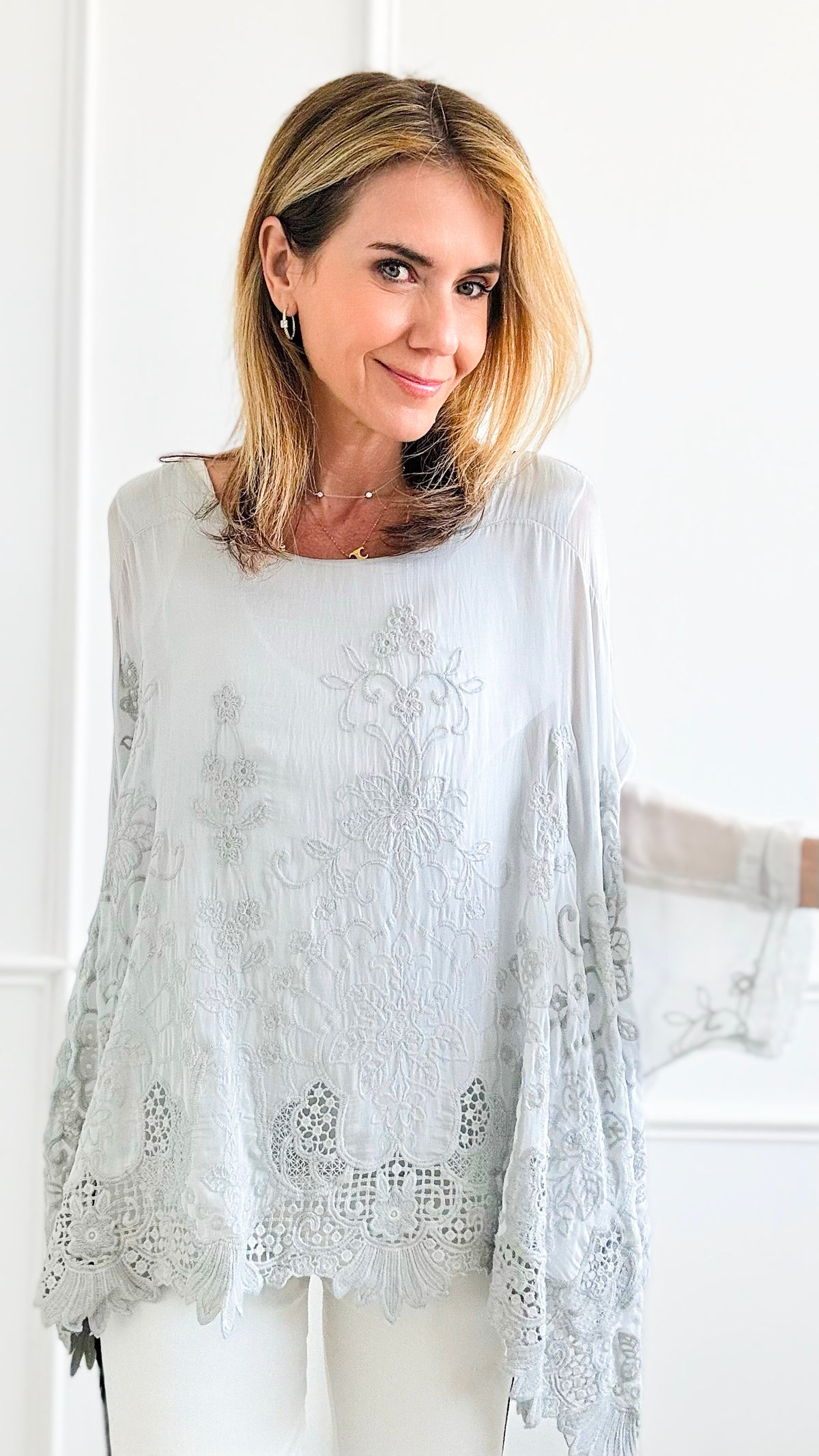 Dreamy Mirage Italian Blouse - Light Grey-170 Bottoms-Tempo-Coastal Bloom Boutique, find the trendiest versions of the popular styles and looks Located in Indialantic, FL