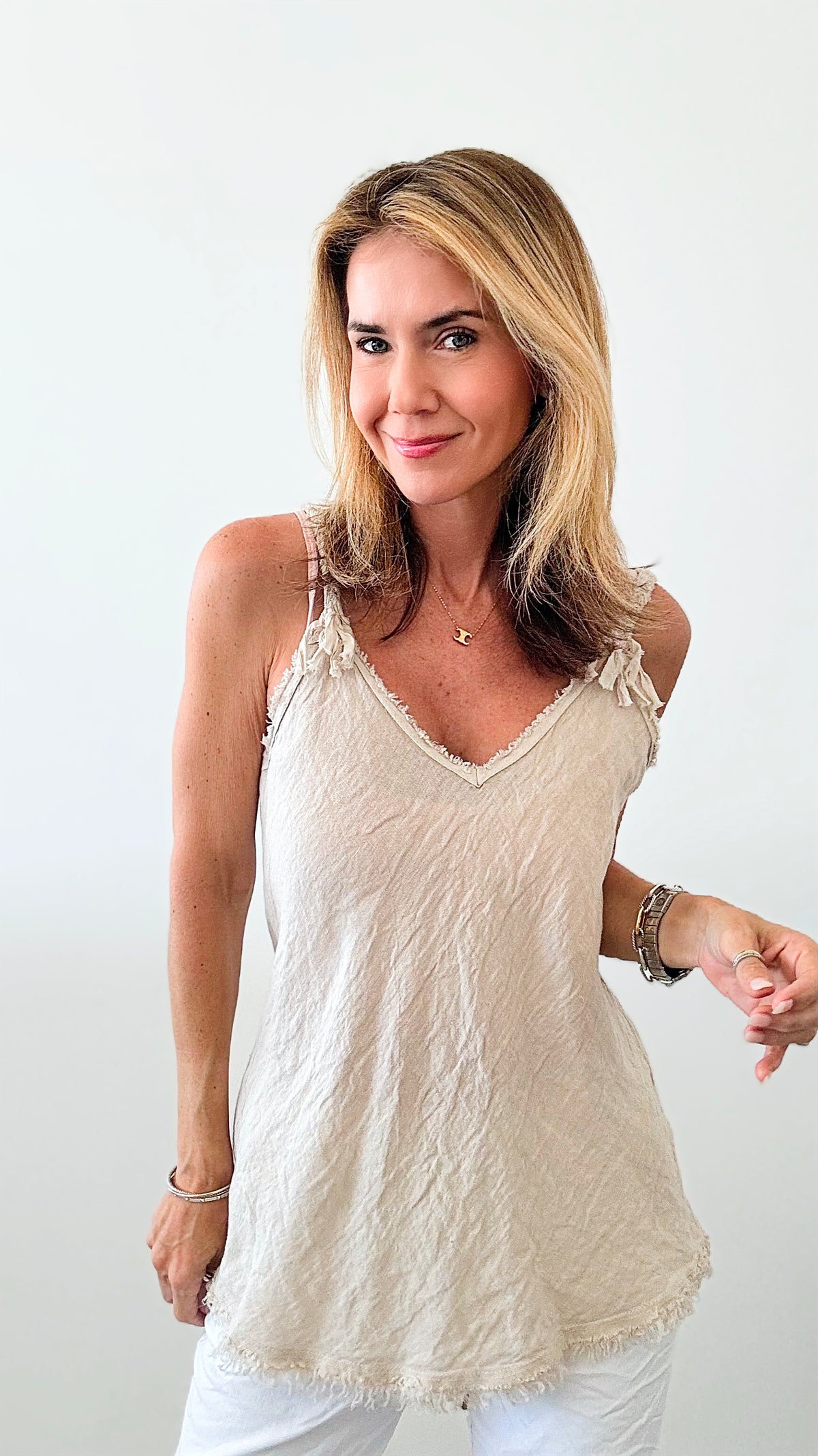 Braided Detail Italian Linen Tank - Ecru-100 Sleeveless Tops-Germany-Coastal Bloom Boutique, find the trendiest versions of the popular styles and looks Located in Indialantic, FL