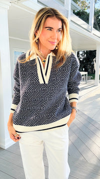 Geometric Stripe Collared Sweater-140 Sweaters-Blu Pepper-Coastal Bloom Boutique, find the trendiest versions of the popular styles and looks Located in Indialantic, FL