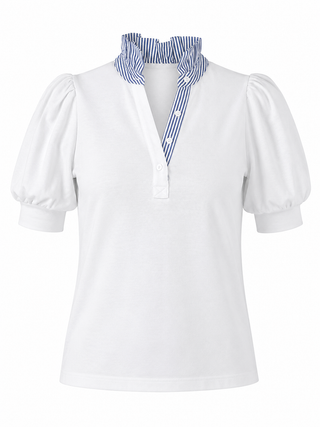 Harbor Stripe Frill Collar Blouse - White
