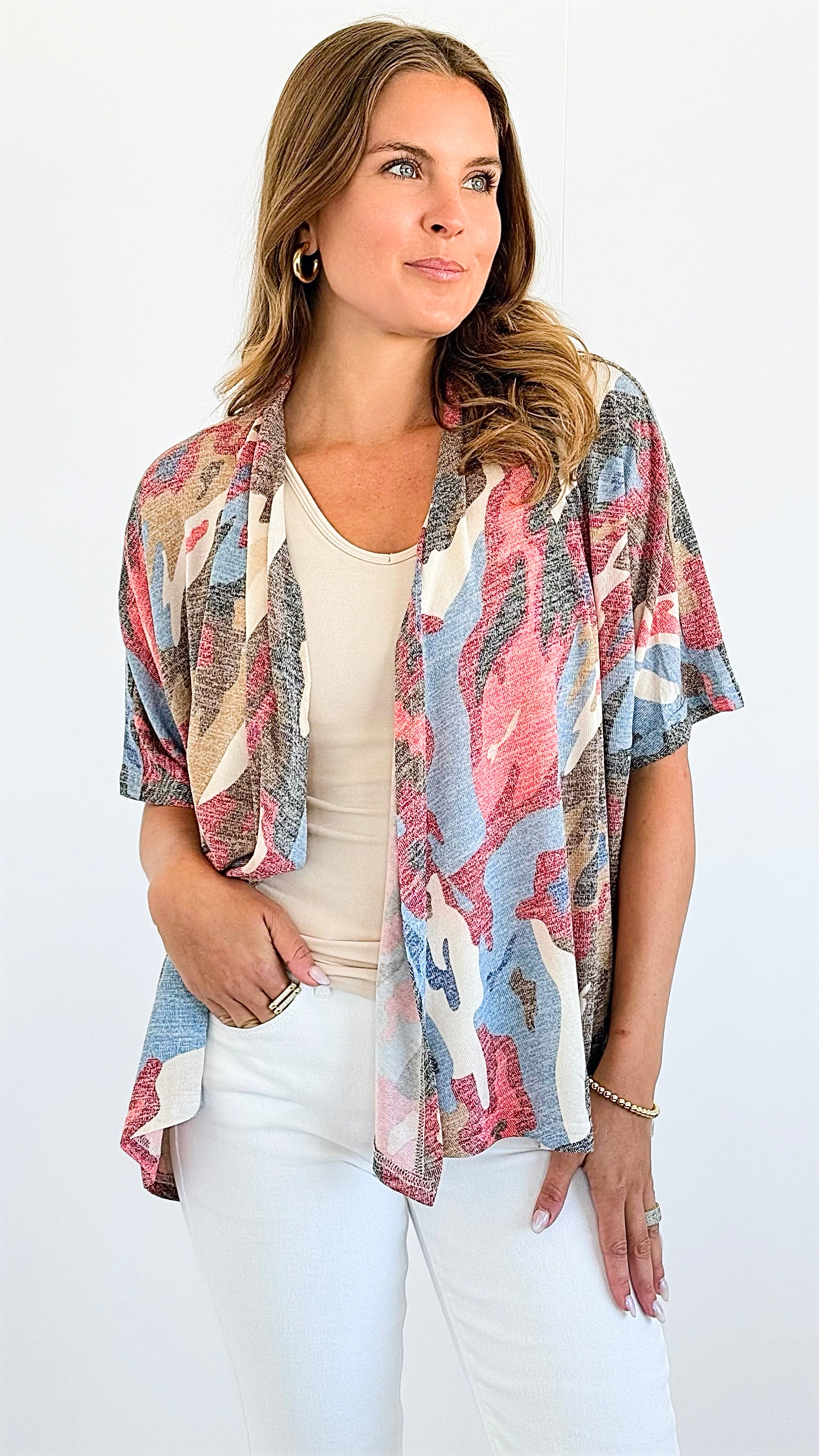 Camo Short Sleeve Open Cardigan-130 Long Sleeve Tops-ARYEH-Coastal Bloom Boutique, find the trendiest versions of the popular styles and looks Located in Indialantic, FL
