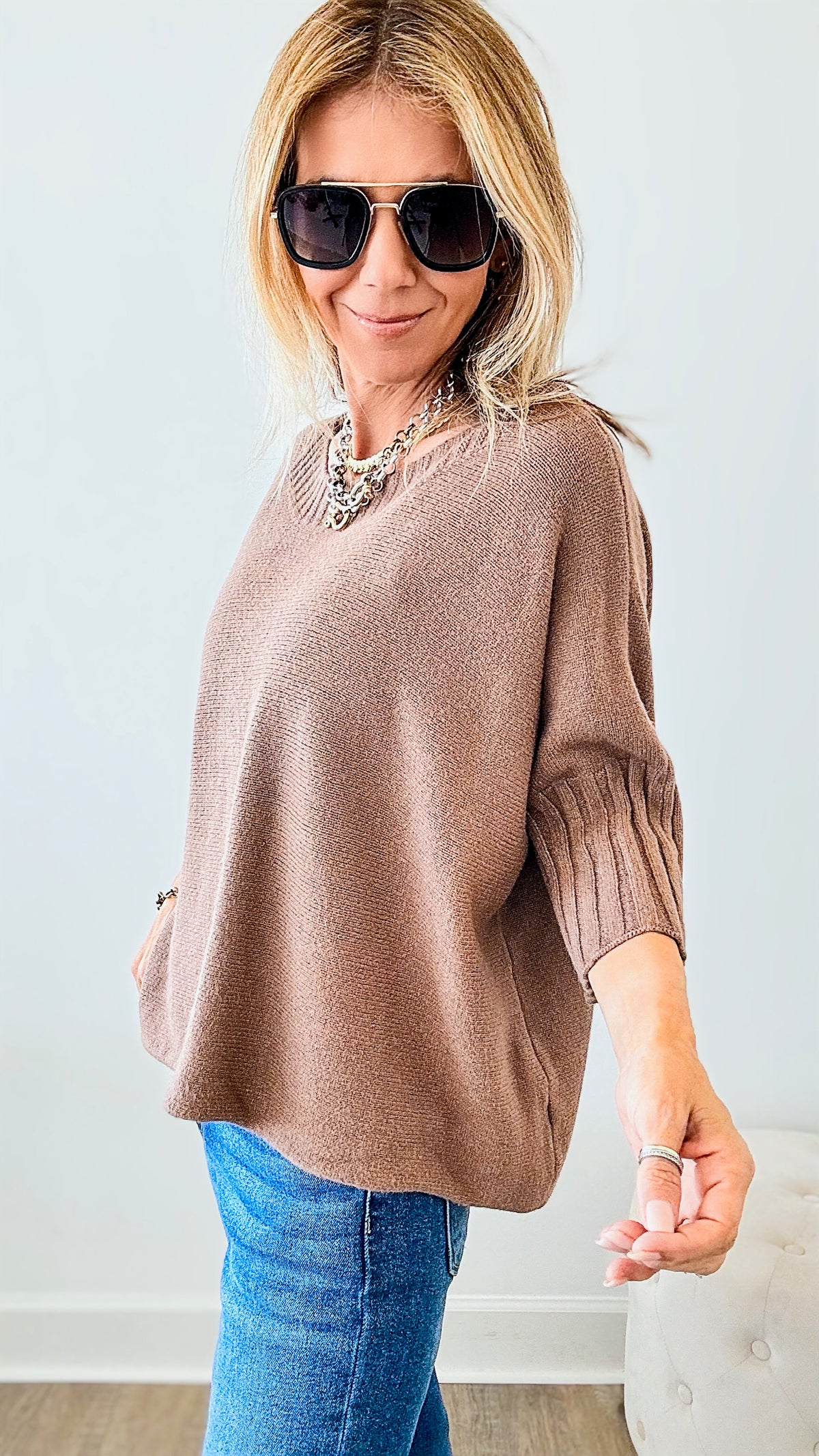 Break Free Round -Neck Italian Sweater Top - Brown-140 Sweaters-yolly-Coastal Bloom Boutique, find the trendiest versions of the popular styles and looks Located in Indialantic, FL