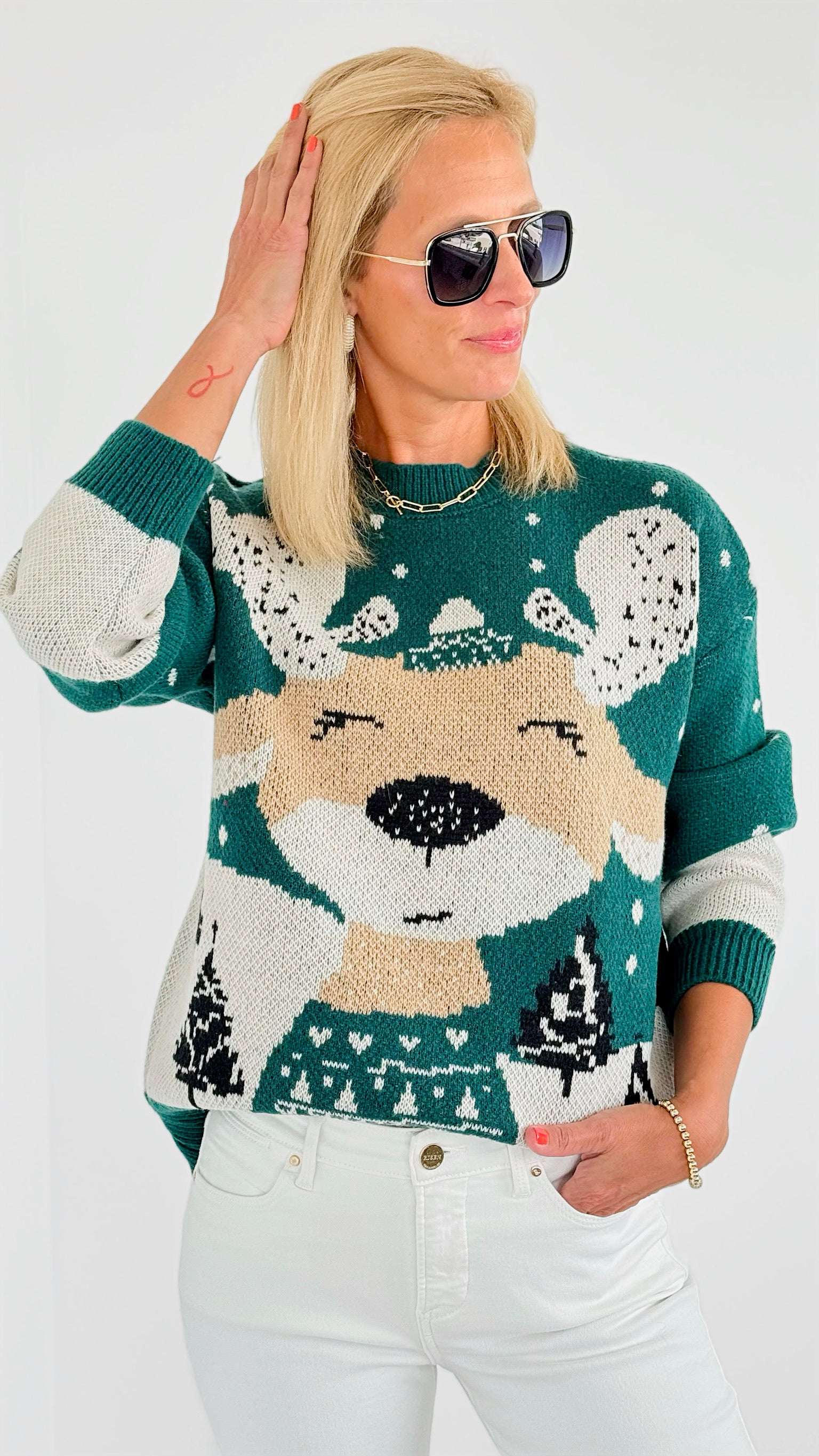 Rudolph Printed Sweater - Green-140 Sweaters-On Blue-Coastal Bloom Boutique, find the trendiest versions of the popular styles and looks Located in Indialantic, FL