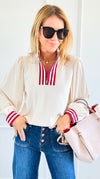 Crimson Trim Statement Top-110 Long Sleeve Tops-JODIFL-Coastal Bloom Boutique, find the trendiest versions of the popular styles and looks Located in Indialantic, FL