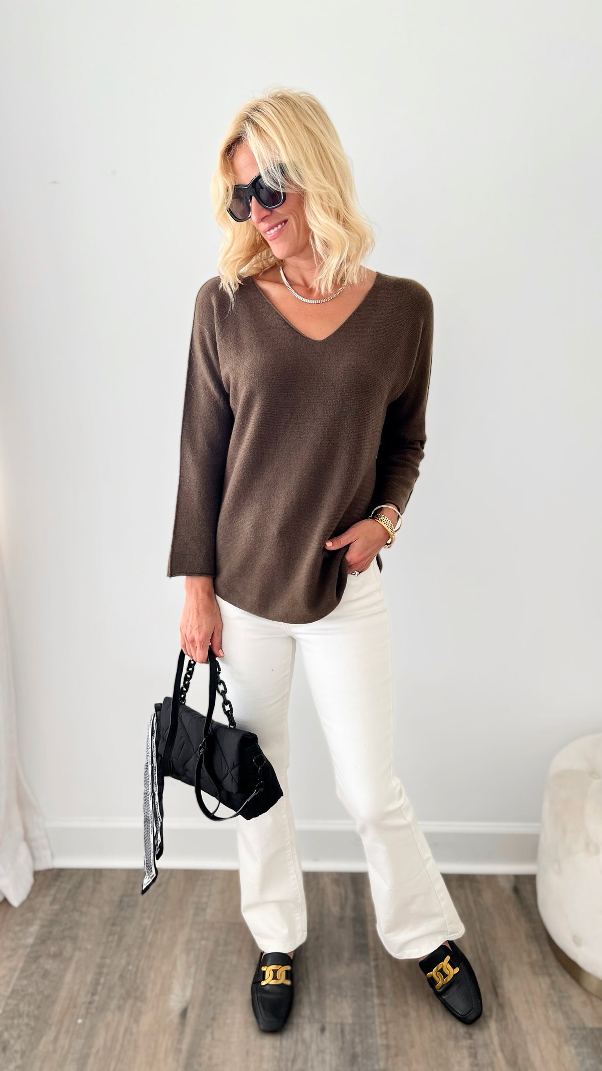 Soho Italian V-Neck Pullover - Chocolate-140 Sweaters-Yolly-Coastal Bloom Boutique, find the trendiest versions of the popular styles and looks Located in Indialantic, FL