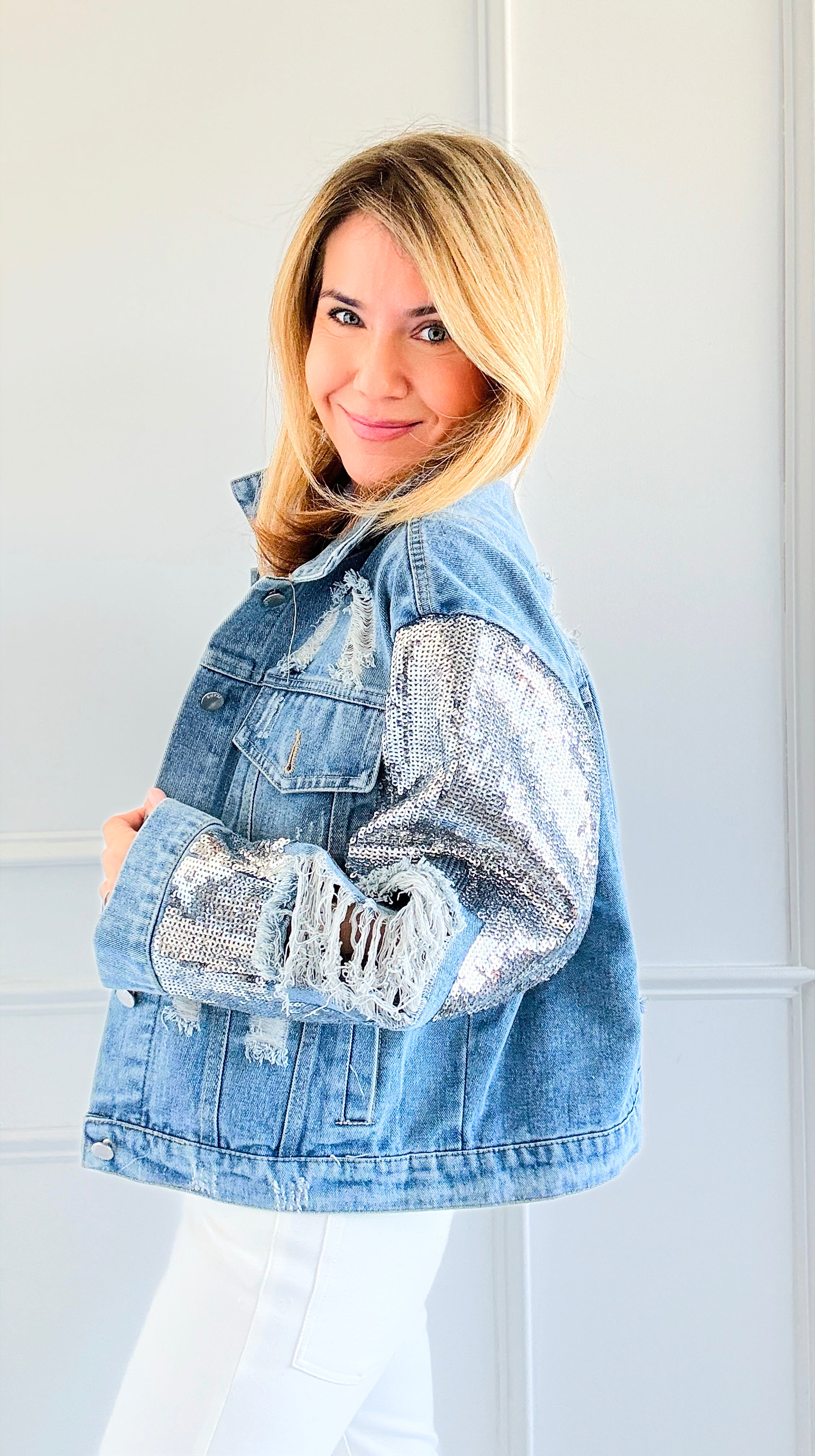 Sequined Distress Statement Jacket-160 Jackets-SALT-Coastal Bloom Boutique, find the trendiest versions of the popular styles and looks Located in Indialantic, FL