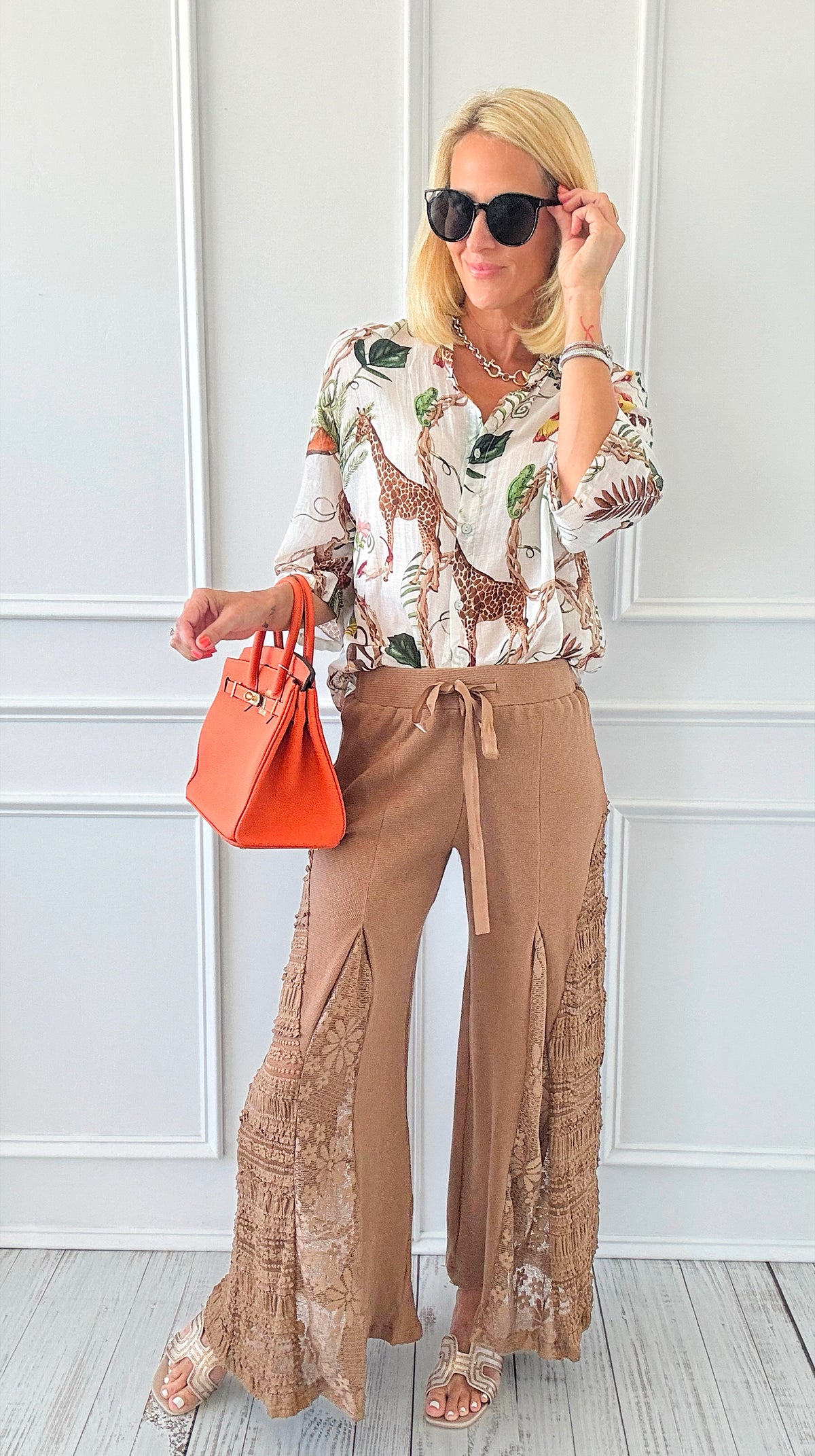 Golden Hour Lace Panel Pants - Cocoa-170 Bottoms-pol-Coastal Bloom Boutique, find the trendiest versions of the popular styles and looks Located in Indialantic, FL
