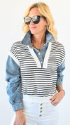 Denim Accent Striped Sweater Top-130 Long Sleeve Tops-Illord-Coastal Bloom Boutique, find the trendiest versions of the popular styles and looks Located in Indialantic, FL