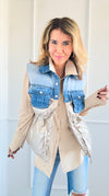 Contrast Denim Puffer Vest - Champange-150 Cardigans/Layers-Rousseau-Coastal Bloom Boutique, find the trendiest versions of the popular styles and looks Located in Indialantic, FL