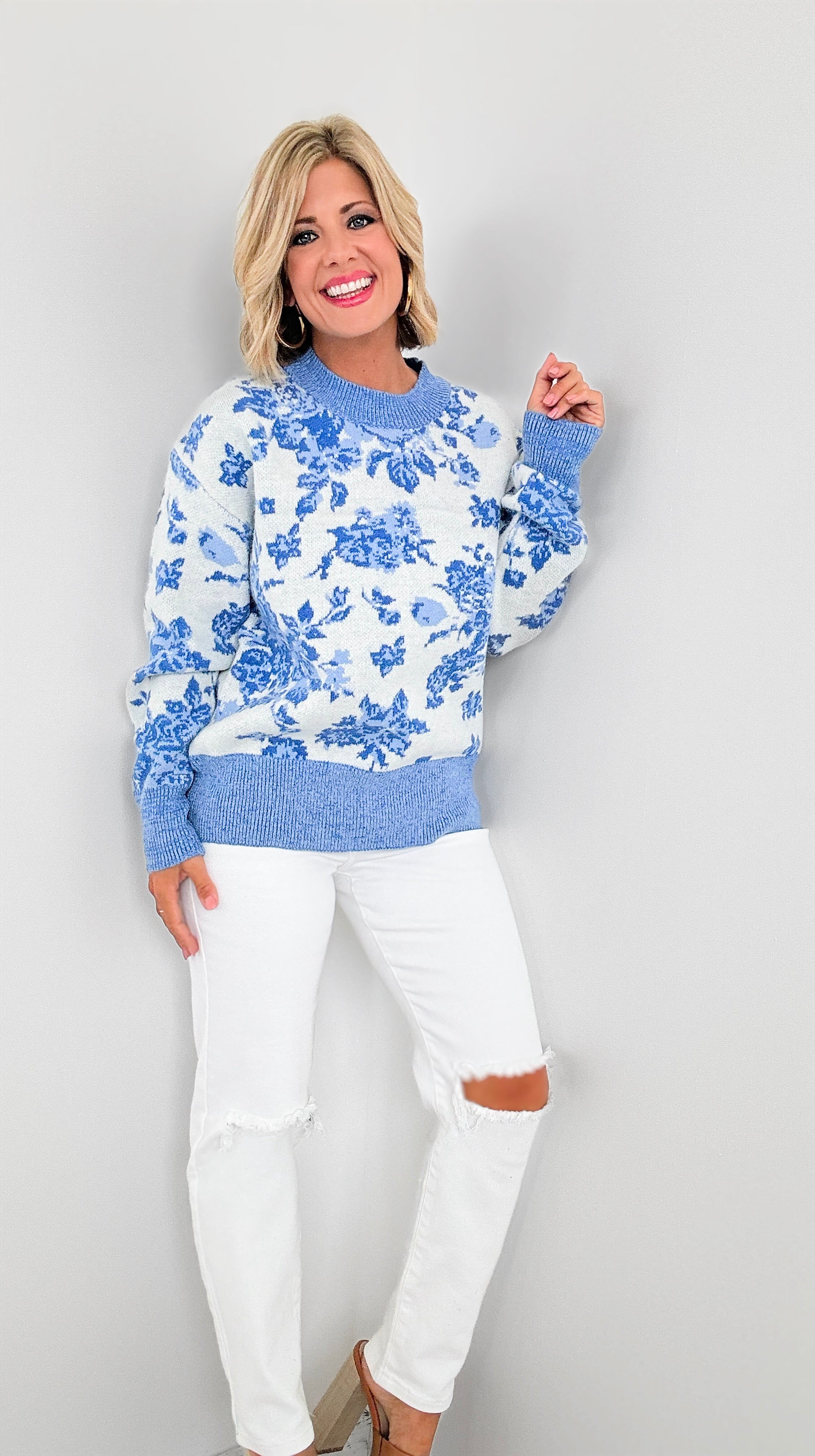 Floral Ribbed Knit Sweater-140 Sweaters-listicle-Coastal Bloom Boutique, find the trendiest versions of the popular styles and looks Located in Indialantic, FL