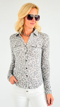 Leo Print Fitted Button-Up - Grey-100 Sleeveless Tops-mystree-Coastal Bloom Boutique, find the trendiest versions of the popular styles and looks Located in Indialantic, FL