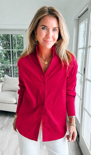 Sutton Italian Button Up Blouse- Red Burgundy