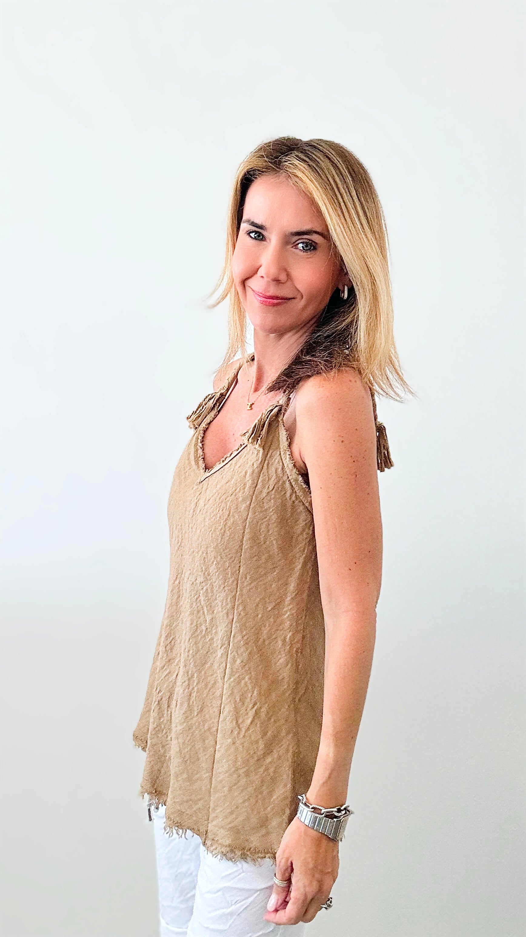 Braided Detail Italian Linen Tank - Light Camel-100 Sleeveless Tops-Italianissimo-Coastal Bloom Boutique, find the trendiest versions of the popular styles and looks Located in Indialantic, FL