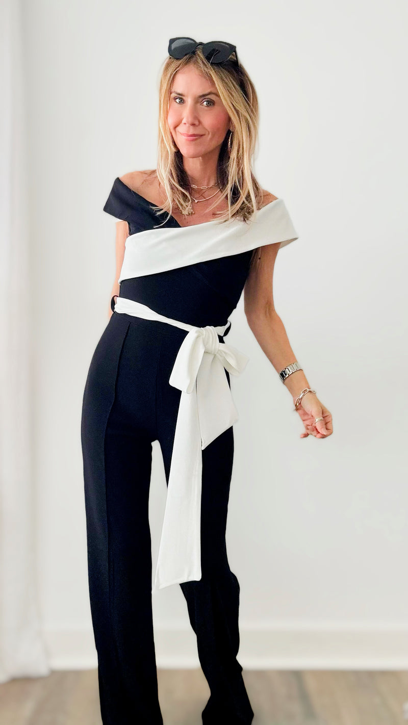 Lovely Night Off Shoulder Bow Belted Jumpsuit-200 Dresses/Jumpsuits/Rompers-Valentine-Coastal Bloom Boutique, find the trendiest versions of the popular styles and looks Located in Indialantic, FL