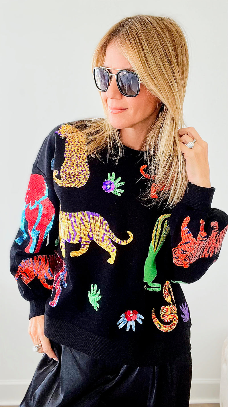 Walk About The Zoo Queen of Sparkles Sweatshirt - Black-130 Long Sleeve Tops-Queen of Sparkles-Coastal Bloom Boutique, find the trendiest versions of the popular styles and looks Located in Indialantic, FL