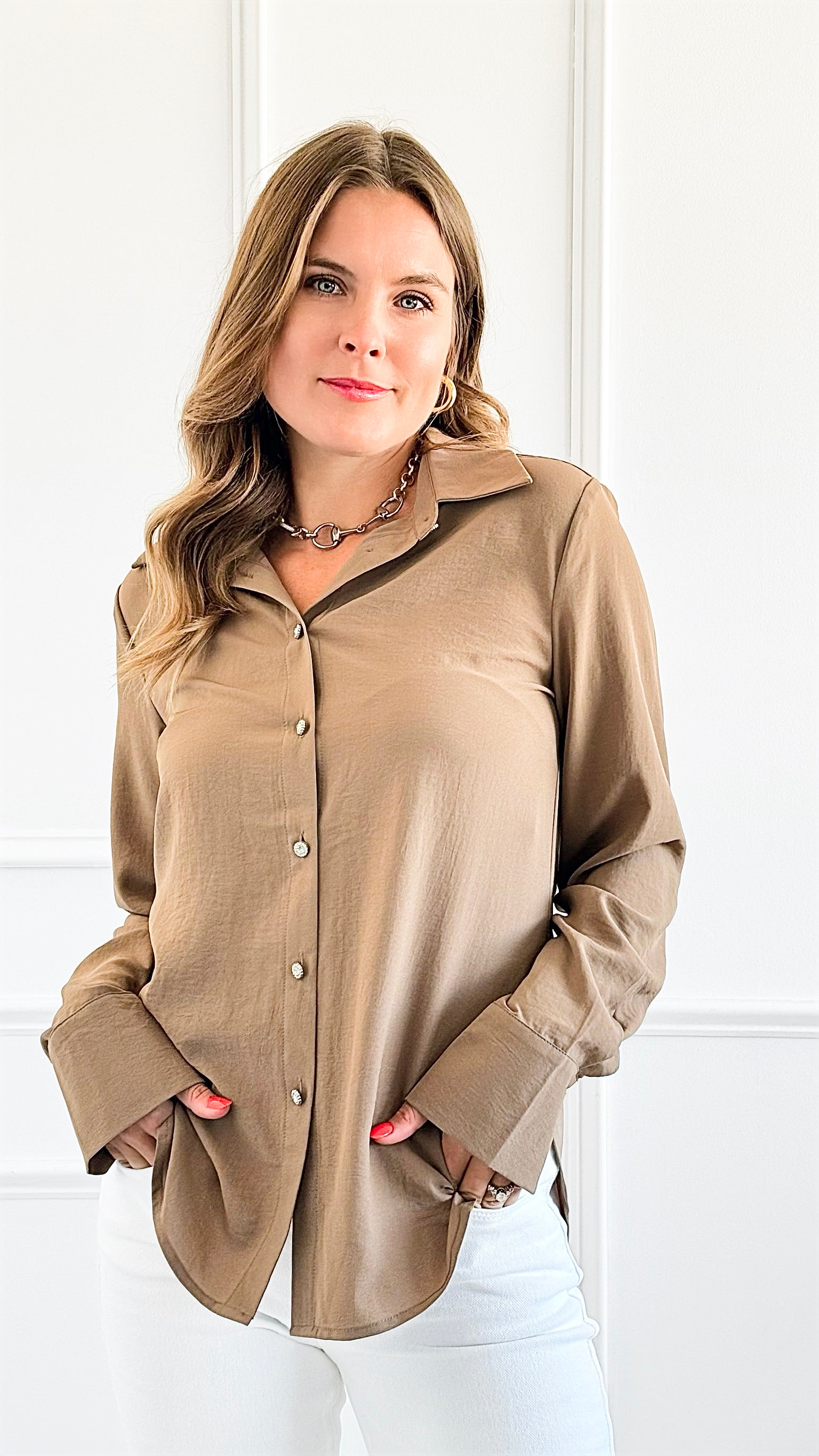 Sierra Luxe Button Down Top - Tan-130 Long Sleeve Tops-Must Have-Coastal Bloom Boutique, find the trendiest versions of the popular styles and looks Located in Indialantic, FL