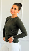 Anniston Brushed Microfiber Long Sleeve Tee - Dark Olive-130 Long Sleeve Tops-Zenana-Coastal Bloom Boutique, find the trendiest versions of the popular styles and looks Located in Indialantic, FL