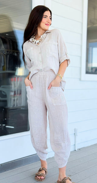 La Spezia Barrel Linen Italian Pant- Beige