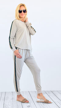 Glitter Trim Cozy Jogger Set - Stone-170 Bottoms-mystree-Coastal Bloom Boutique, find the trendiest versions of the popular styles and looks Located in Indialantic, FL