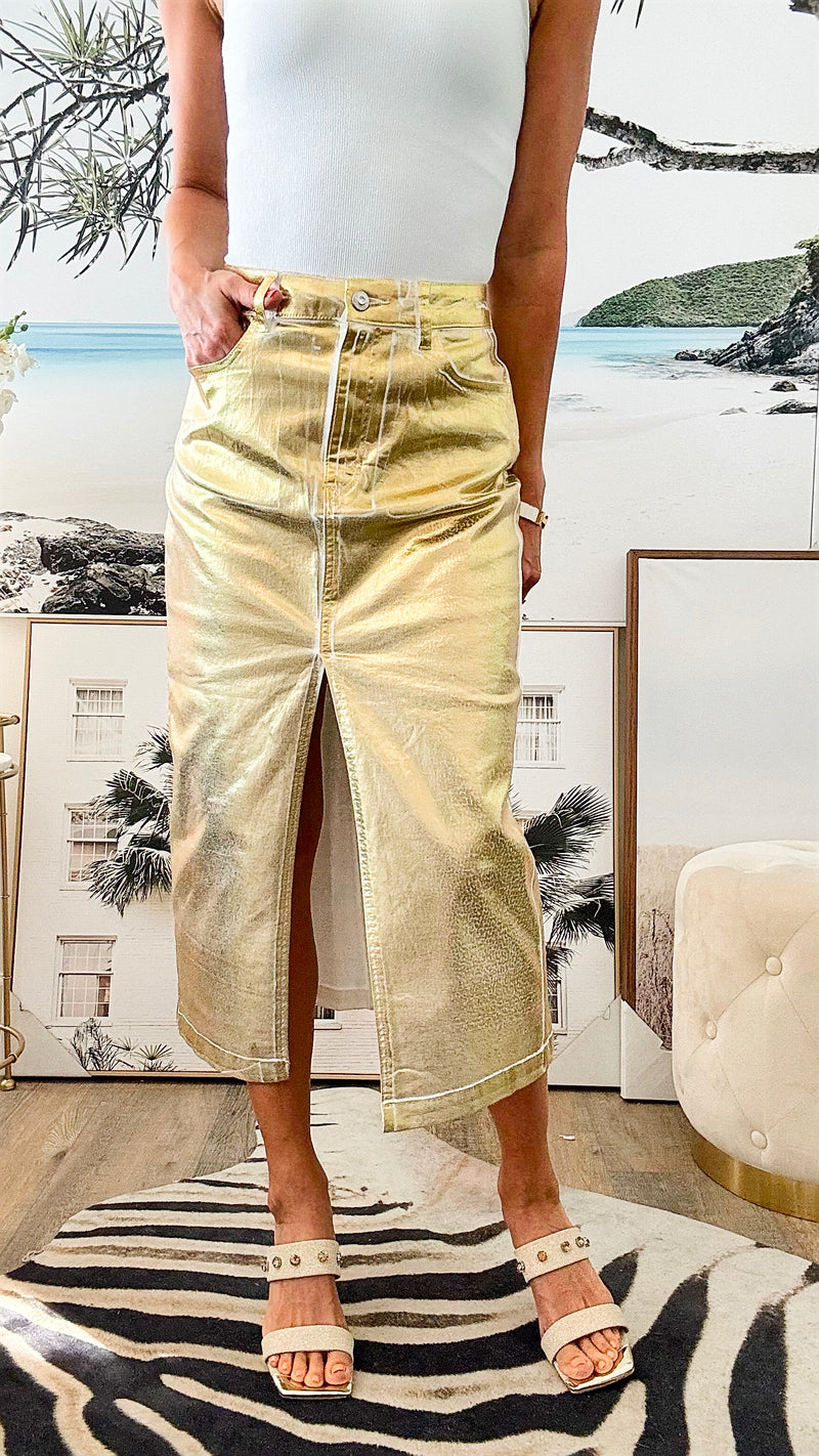 Golden Foil Midi Skirt-170 Bottoms-Vibrant M.i.U-Coastal Bloom Boutique, find the trendiest versions of the popular styles and looks Located in Indialantic, FL