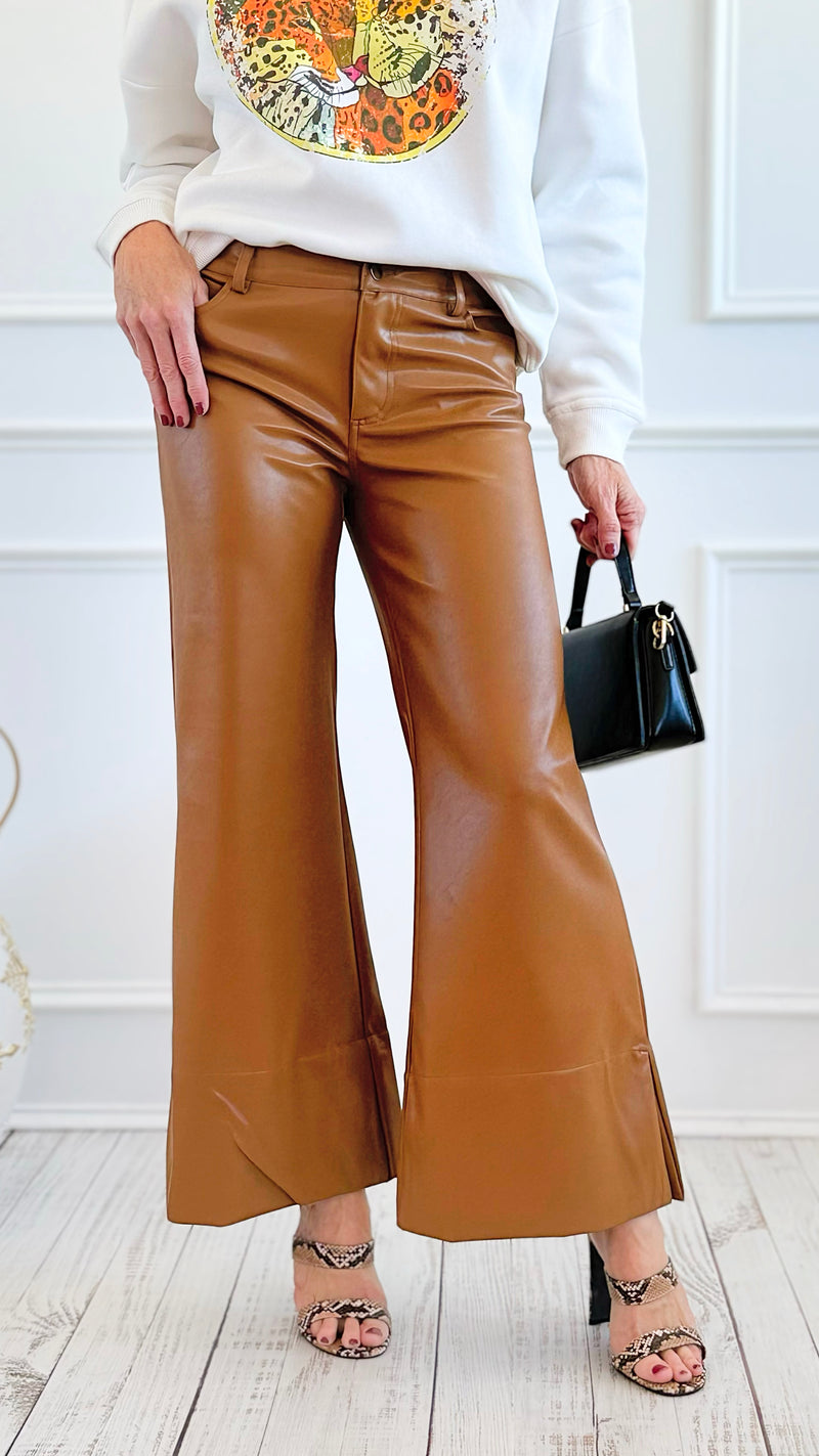 Holiday Luxe Faux Leather Flare Leg Pants - Camel-100 Pants-SO ME-Coastal Bloom Boutique, find the trendiest versions of the popular styles and looks Located in Indialantic, FL