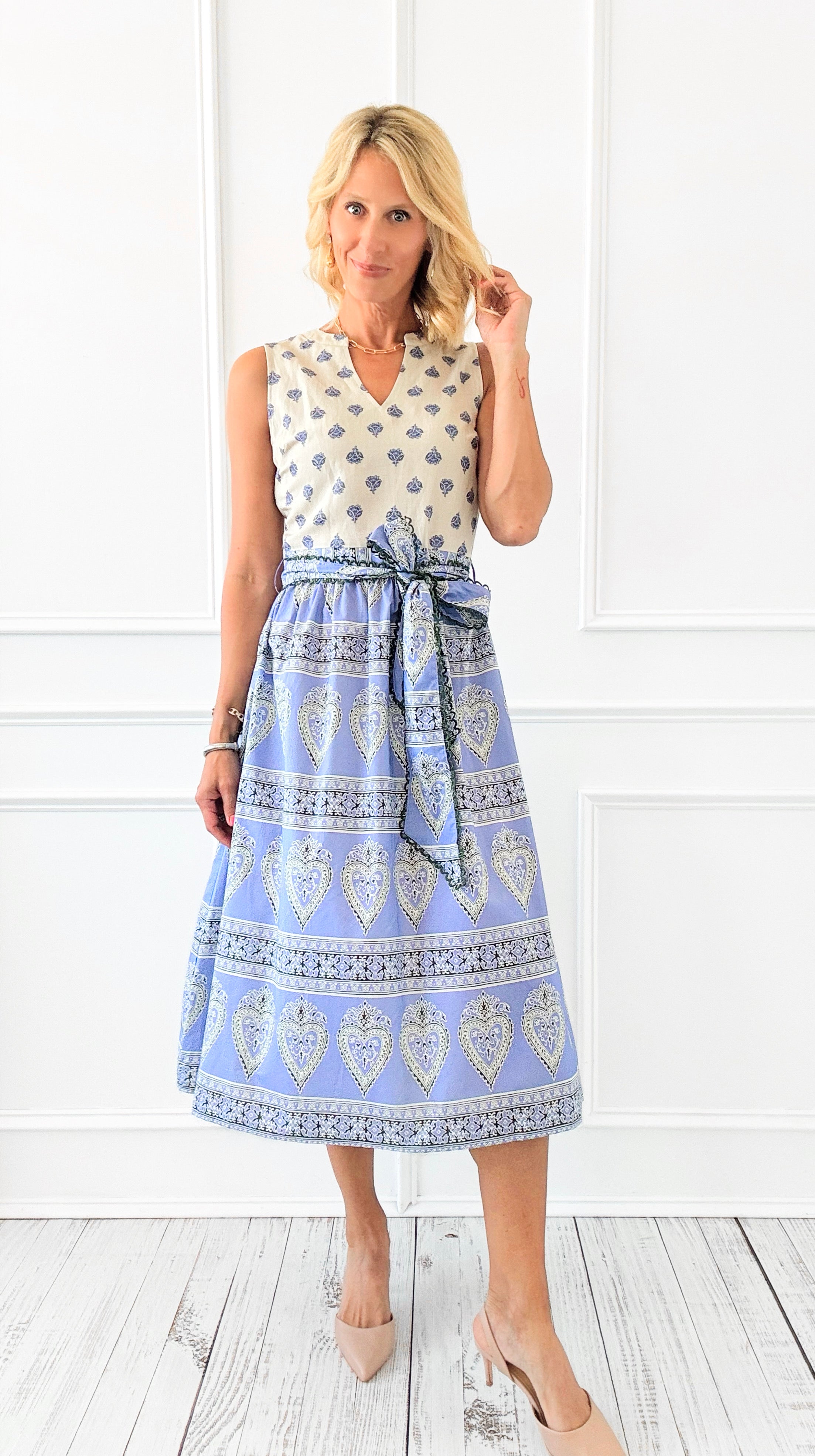 Santorini Breeze Waist Tie Midi Dress-200 Dresses/Jumpsuits/Rompers-VOY-Coastal Bloom Boutique, find the trendiest versions of the popular styles and looks Located in Indialantic, FL