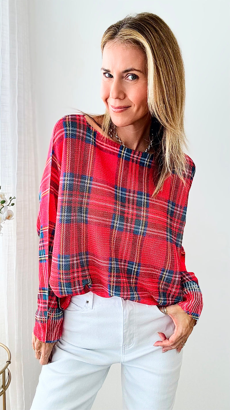 St Tropez Festive Plaid Italian Knit Sweater-140 Sweaters-Germany-Coastal Bloom Boutique, find the trendiest versions of the popular styles and looks Located in Indialantic, FL
