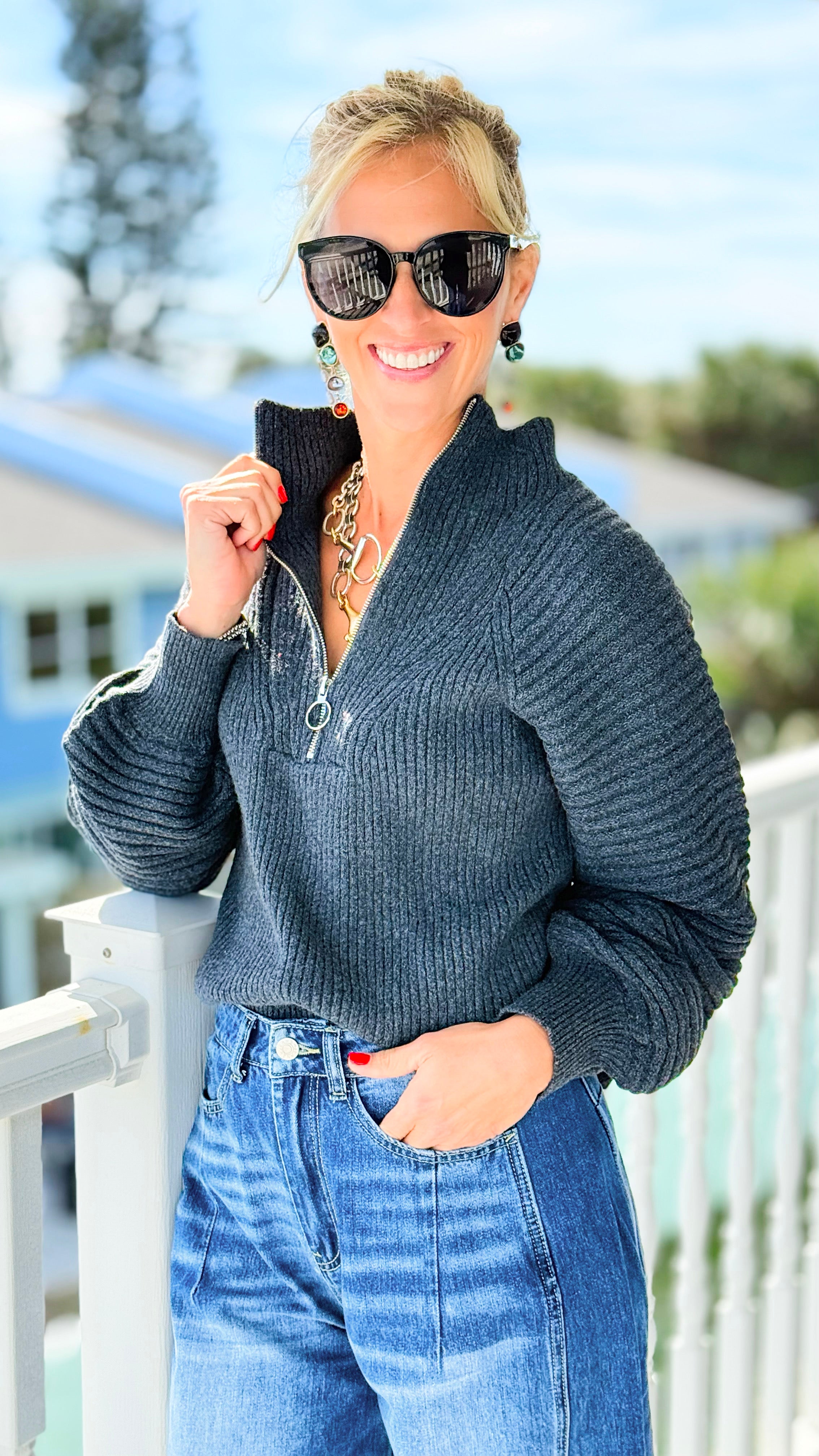 Effortless Elegance Ribbed Half-Zip Sweater - Charcoal-130 Long sleeve top-SO ME-Coastal Bloom Boutique, find the trendiest versions of the popular styles and looks Located in Indialantic, FL