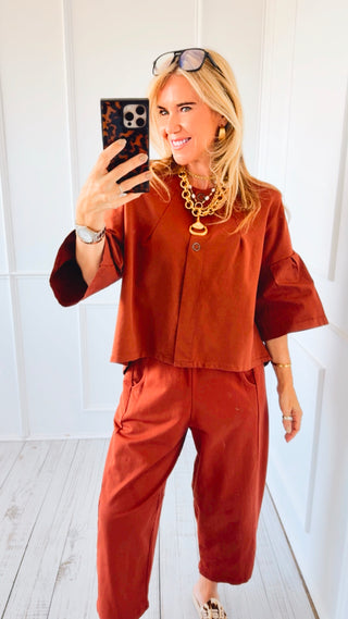 Soft Structure Button Front Italian Top- Rust