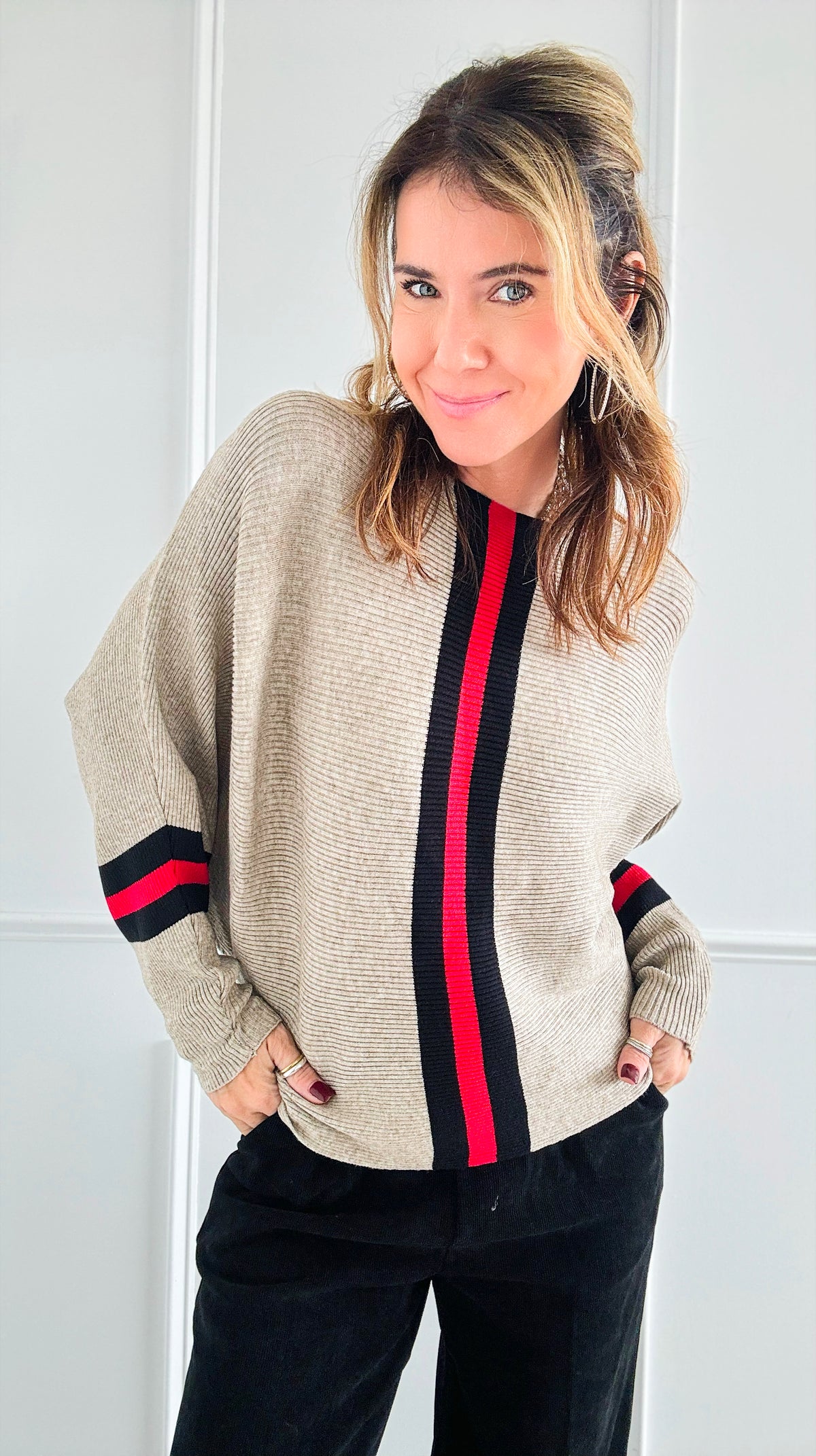 Contrast Striped Detail Knit Pullover-150 Cardigans/Layers-Chasing Bandits-Coastal Bloom Boutique, find the trendiest versions of the popular styles and looks Located in Indialantic, FL