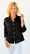 Pure Breeze Linen Italian Button Top- Black-110 short Sleeve Top-Italianissimo-Coastal Bloom Boutique, find the trendiest versions of the popular styles and looks Located in Indialantic, FL