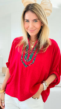 Bold Plaid Trim Blouse - Red-110 Short Sleeve Tops-entro-Coastal Bloom Boutique, find the trendiest versions of the popular styles and looks Located in Indialantic, FL