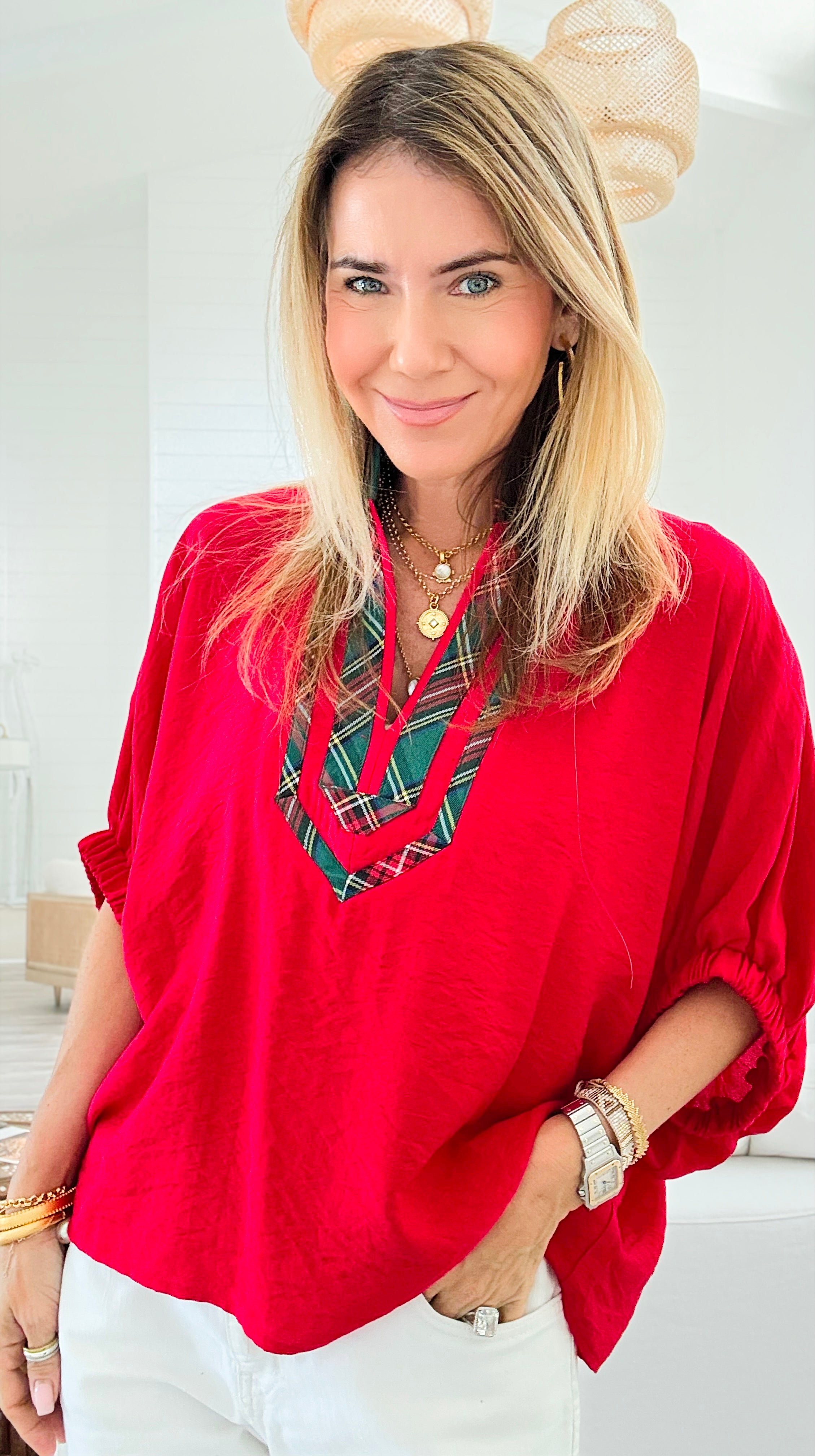 Bold Plaid Trim Blouse - Red-110 Short Sleeve Tops-entro-Coastal Bloom Boutique, find the trendiest versions of the popular styles and looks Located in Indialantic, FL