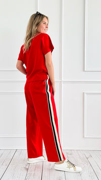 Striped Down Line Wide-Leg Pant Set - Red-210 Loungewear/sets-Jodifl-Coastal Bloom Boutique, find the trendiest versions of the popular styles and looks Located in Indialantic, FL