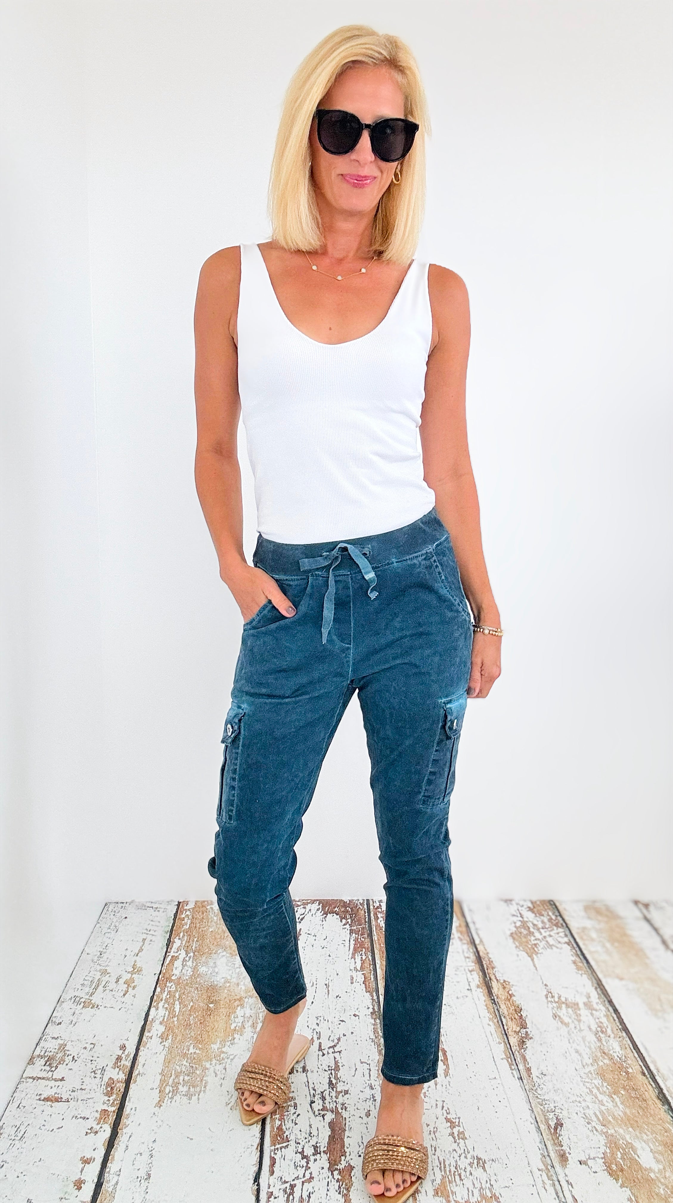 Teal Italian Cargo Pants-pants-TEMPO-Coastal Bloom Boutique, find the trendiest versions of the popular styles and looks Located in Indialantic, FL