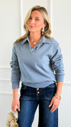 Whispered Grace Polo Top - Dusty Blue-130 Long Sleeve Tops-Rosio-Coastal Bloom Boutique, find the trendiest versions of the popular styles and looks Located in Indialantic, FL