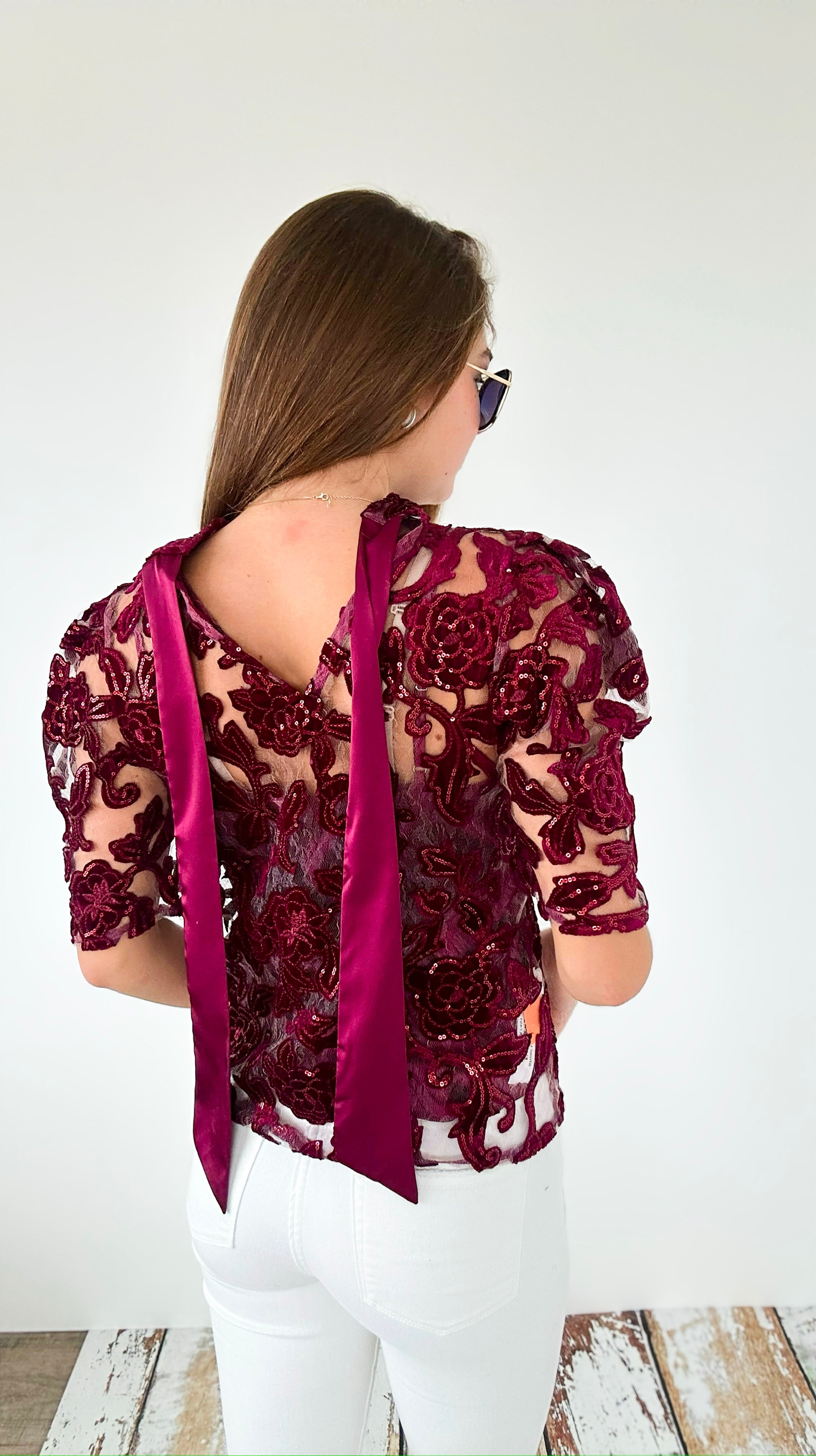 Sheer Lace Top- Burgundy-110 Short Sleeve Tops-pastel design-Coastal Bloom Boutique, find the trendiest versions of the popular styles and looks Located in Indialantic, FL