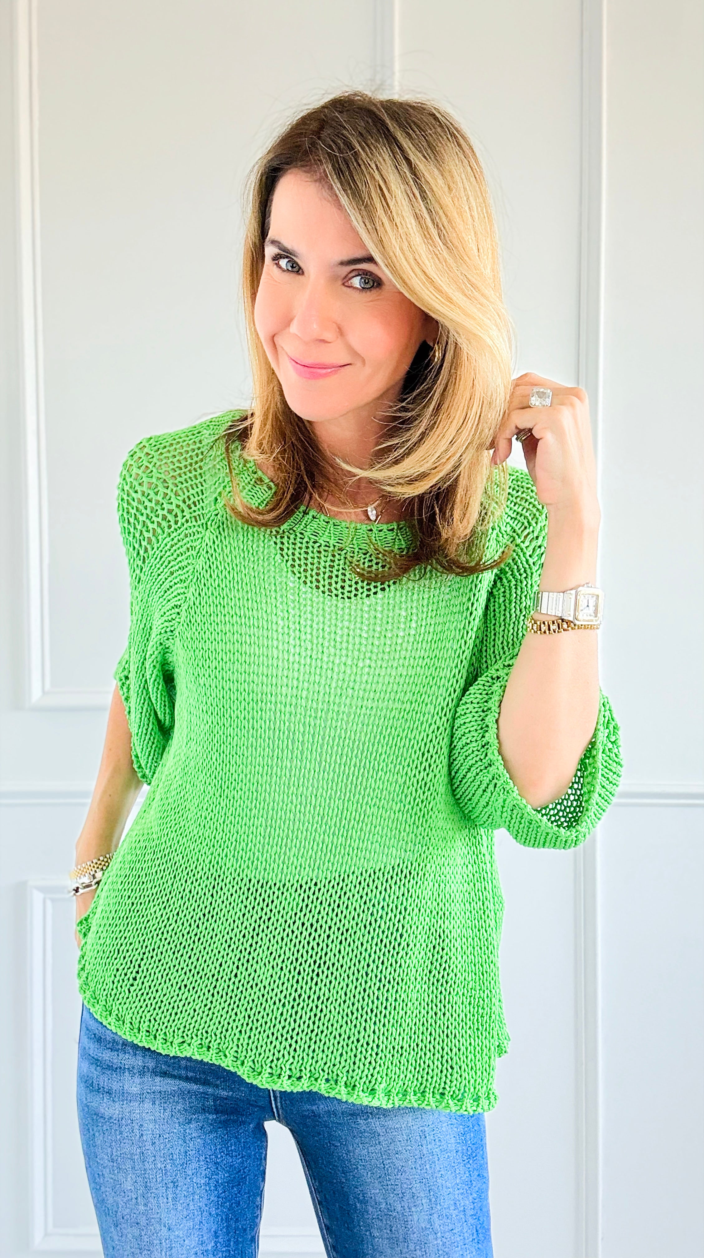 Summer Mesh Italian Knit Top- Green-140 Sweaters-Italianissimo-Coastal Bloom Boutique, find the trendiest versions of the popular styles and looks Located in Indialantic, FL