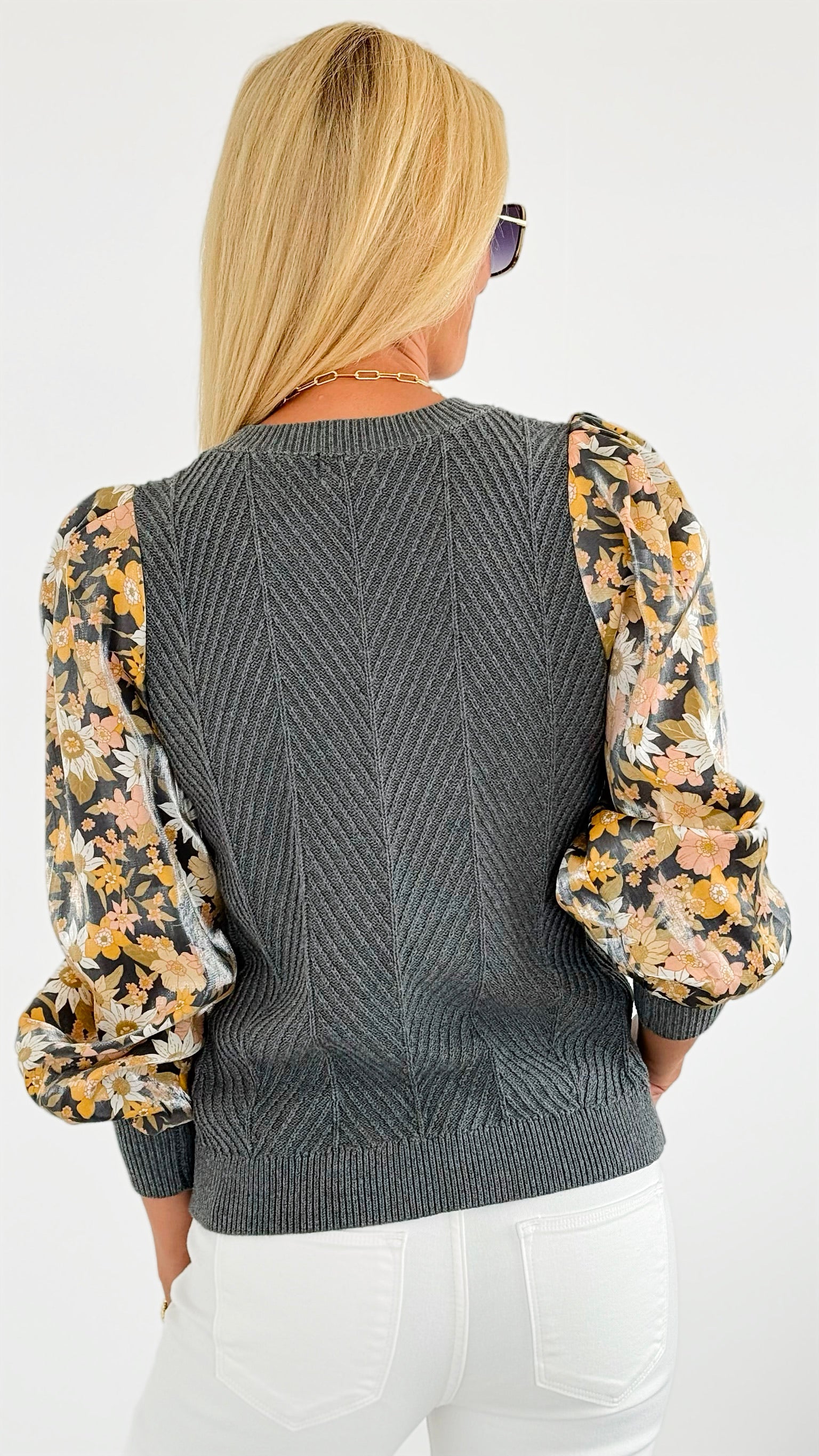 Floral Print Puff Sleeves Knit Sweater-140 Sweaters-Fate Inc-Coastal Bloom Boutique, find the trendiest versions of the popular styles and looks Located in Indialantic, FL