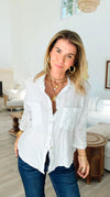 Pure Breeze Linen Italian Button Top- White-110 short Sleeve Top-Italianissimo-Coastal Bloom Boutique, find the trendiest versions of the popular styles and looks Located in Indialantic, FL