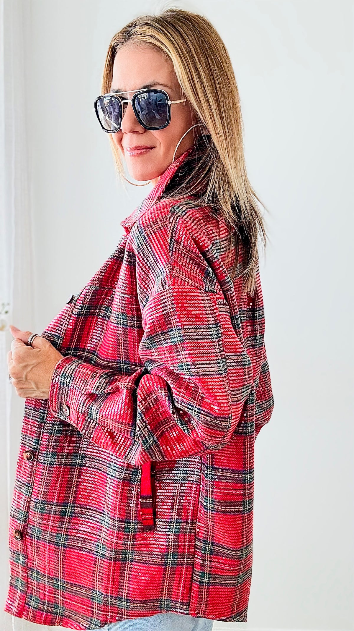 Clear Sequin Plaid Christmas Shirt - Red Multi-160 Jackets-BIBI-Coastal Bloom Boutique, find the trendiest versions of the popular styles and looks Located in Indialantic, FL