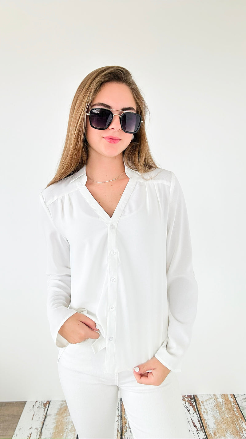 Classic Breeze Roll-Tab Blouse Top - Off White-130 Long sleeve top-Must Have-Coastal Bloom Boutique, find the trendiest versions of the popular styles and looks Located in Indialantic, FL