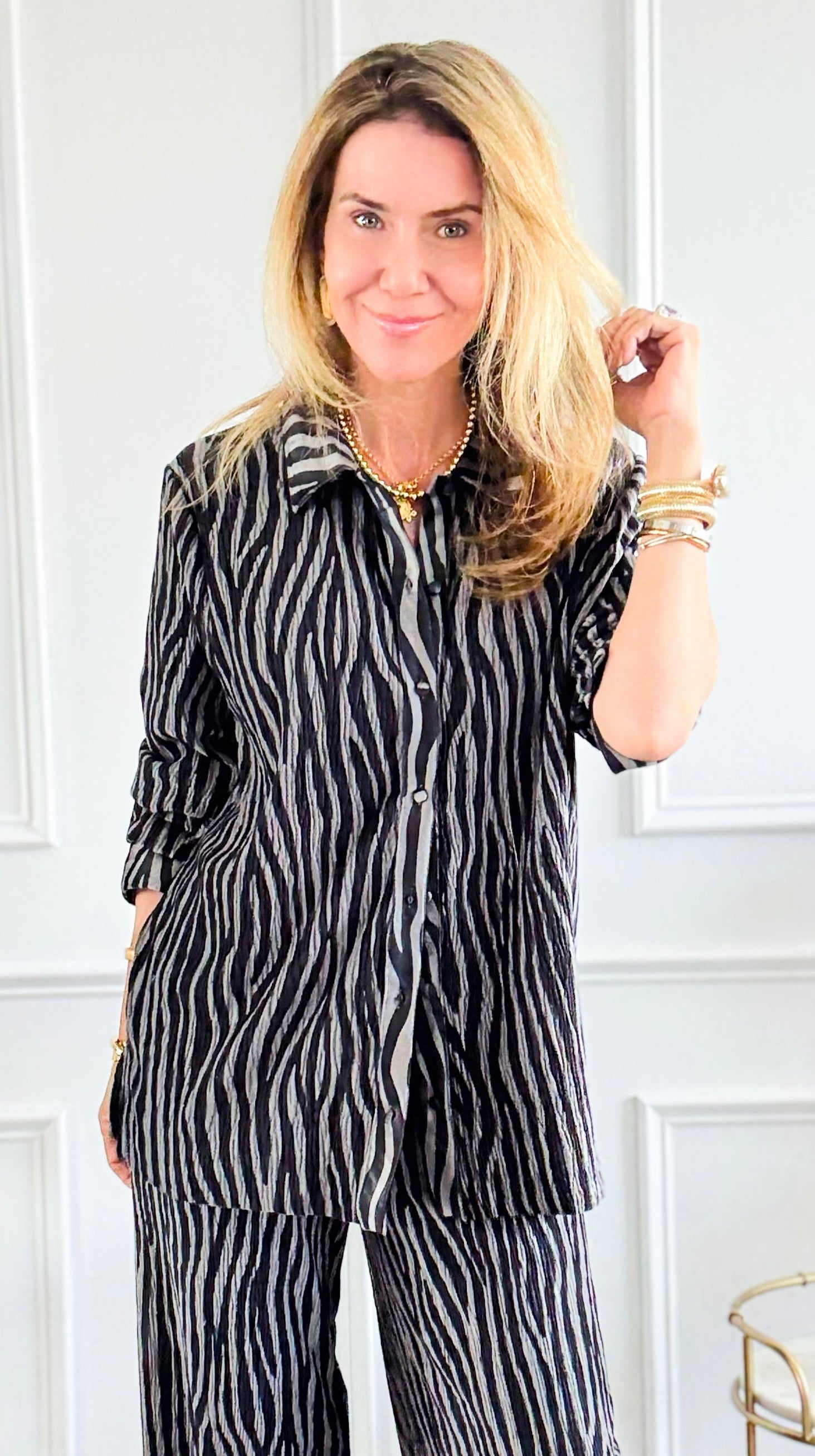 Shadow Drift Button-Down Top-130 Long Sleeve Tops-Umgee-Coastal Bloom Boutique, find the trendiest versions of the popular styles and looks Located in Indialantic, FL