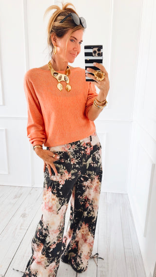 Floral Print Wide Leg Denim Pants