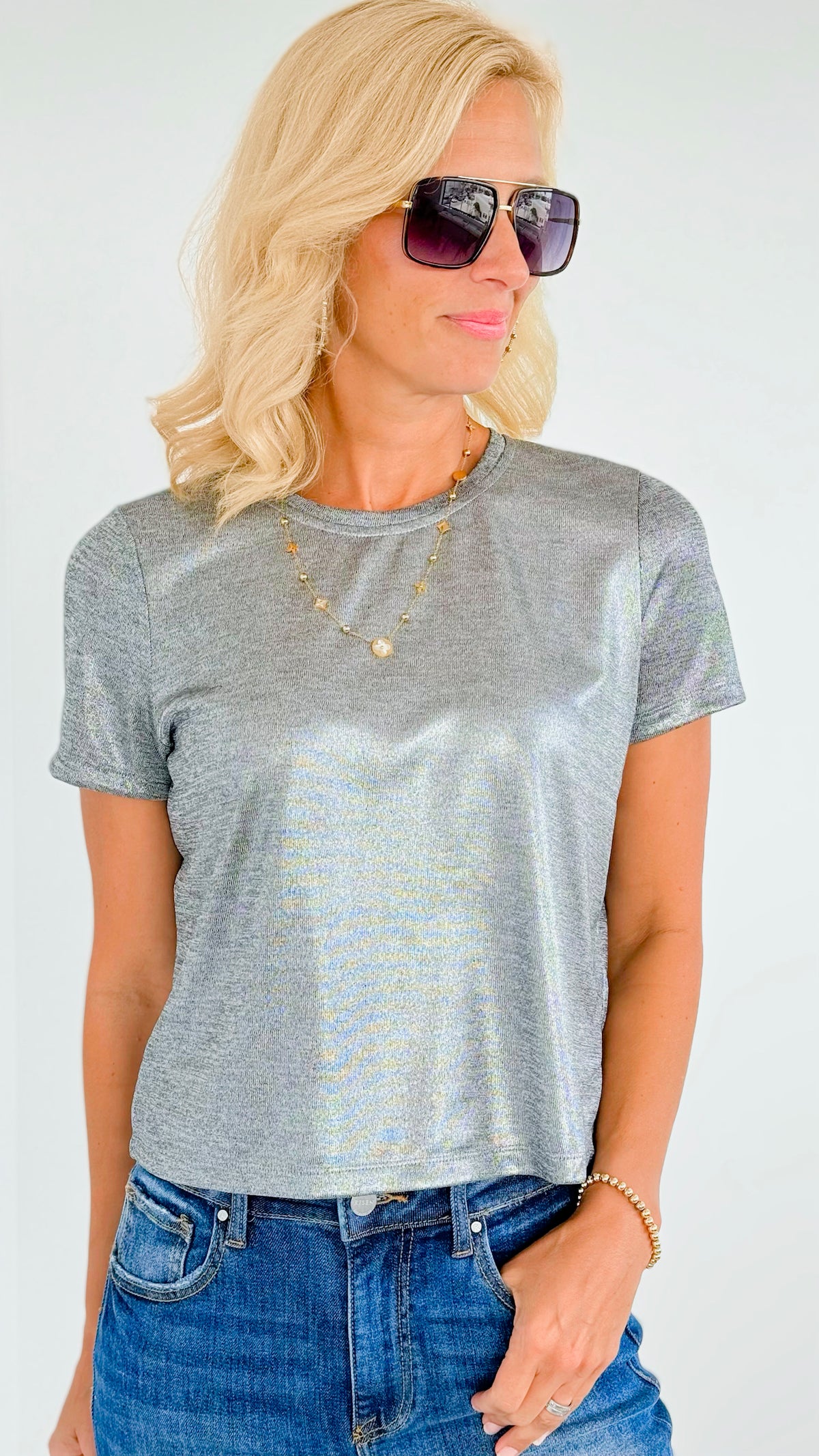 Shiny Metallic Top-110 Short Sleeve Tops-SO ME-Coastal Bloom Boutique, find the trendiest versions of the popular styles and looks Located in Indialantic, FL