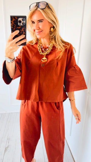 Soft Structure Button Front Italian Top- Rust