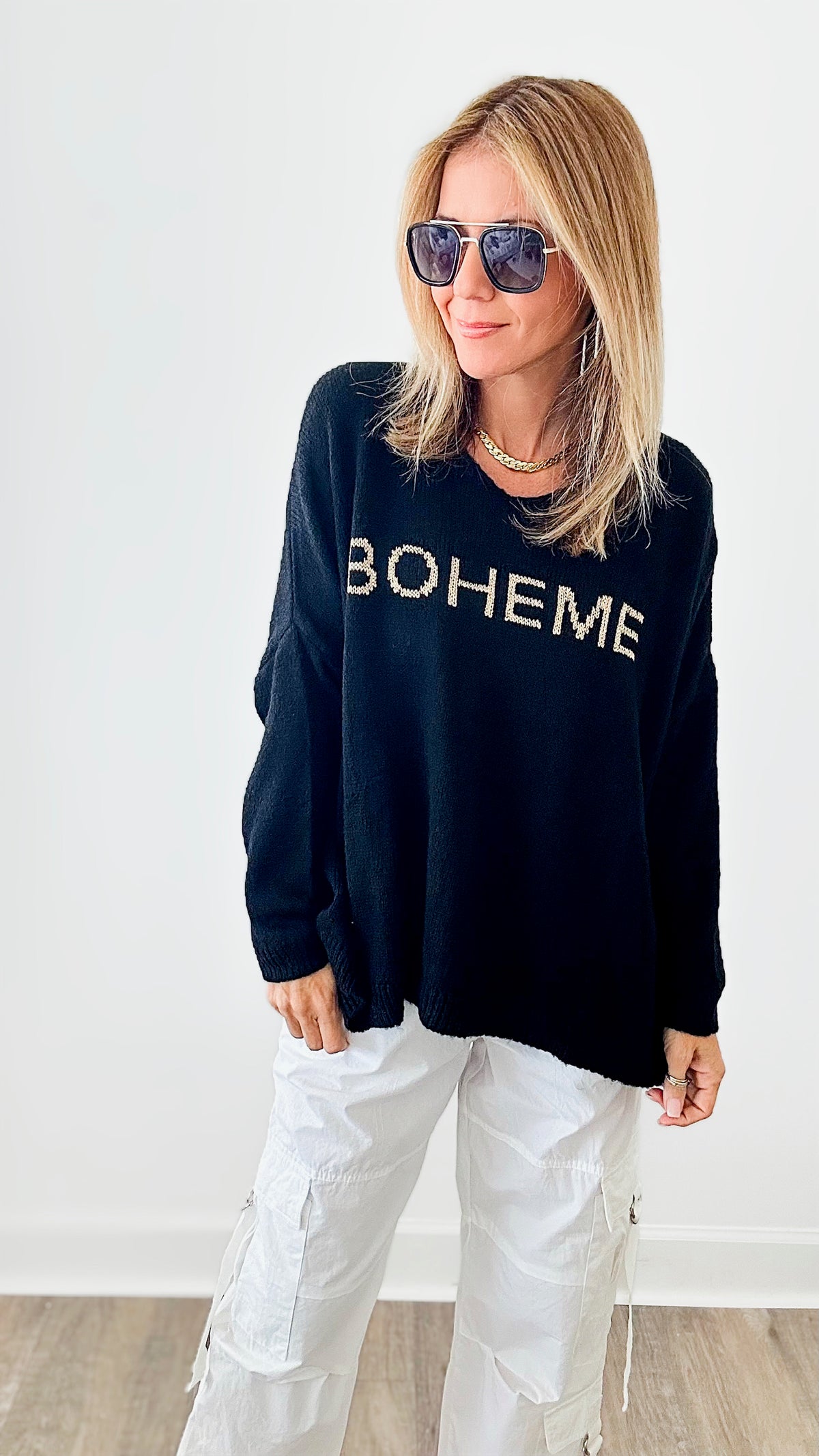 Boheme Knit V-Neck Sweater - Black-140 Sweaters-VENTI6 OUTLET-Coastal Bloom Boutique, find the trendiest versions of the popular styles and looks Located in Indialantic, FL