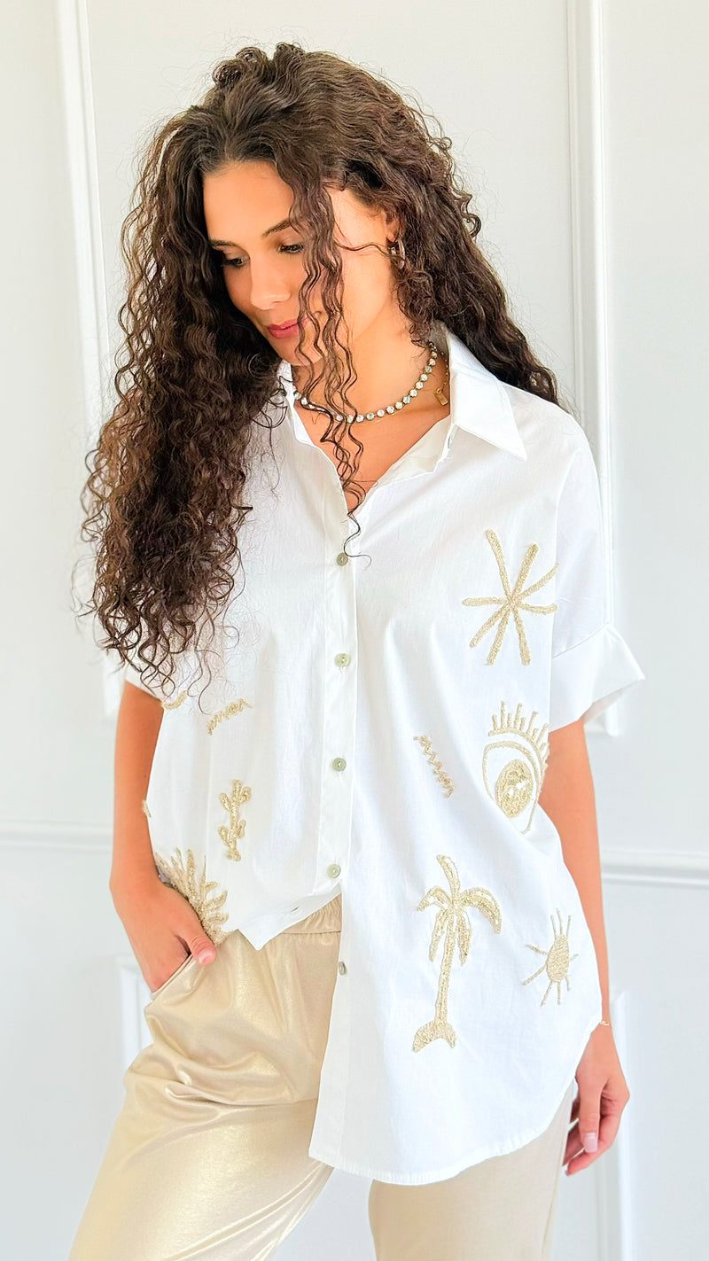 Desert Glow Embroidered Italian Button Top- White-110 short Sleeve Top-TATTOO Z-Coastal Bloom Boutique, find the trendiest versions of the popular styles and looks Located in Indialantic, FL