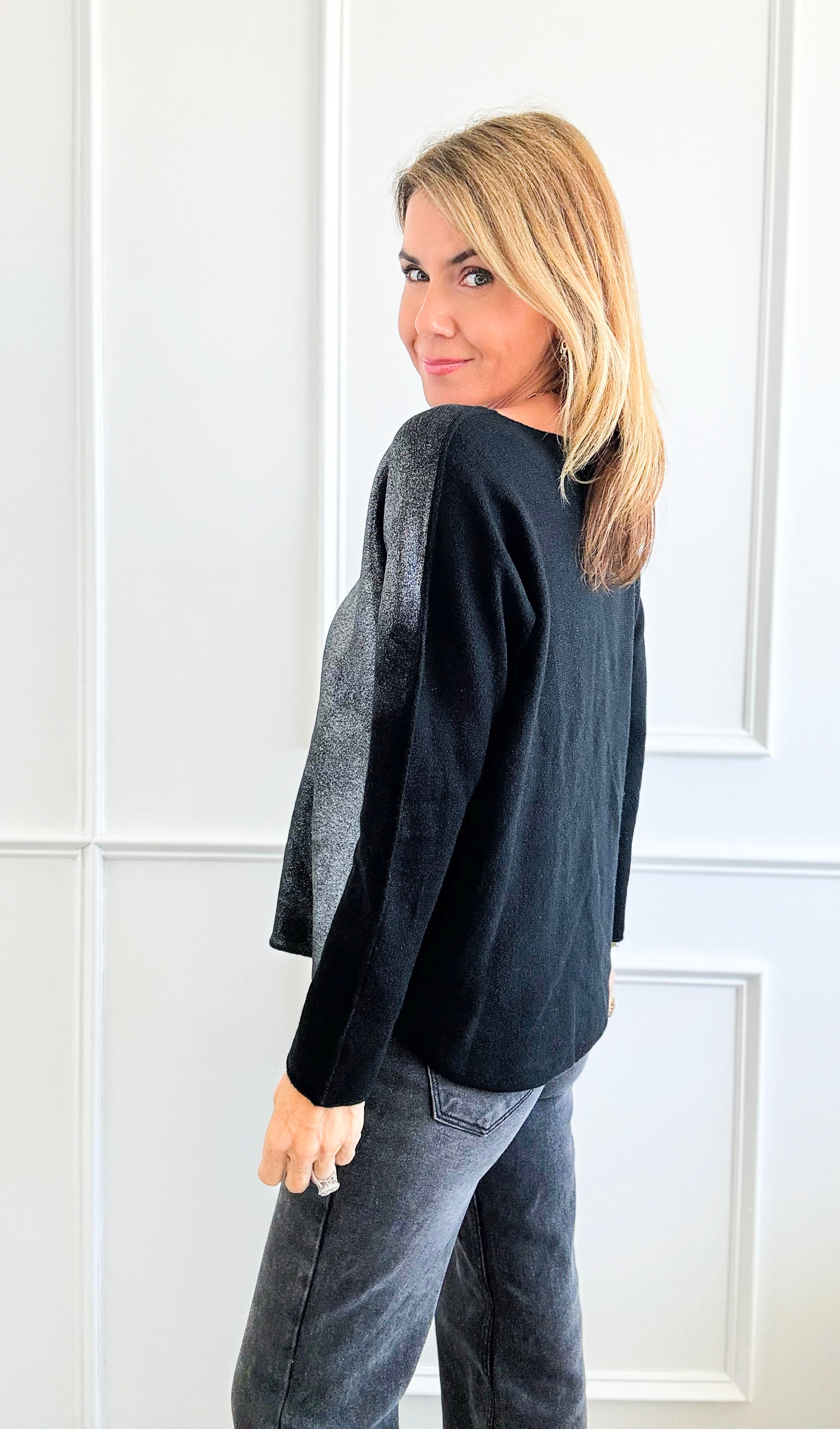 Silver Shine V-Neck Italian Pullover - Black-130 Long sleeve top-Italianissimo-Coastal Bloom Boutique, find the trendiest versions of the popular styles and looks Located in Indialantic, FL